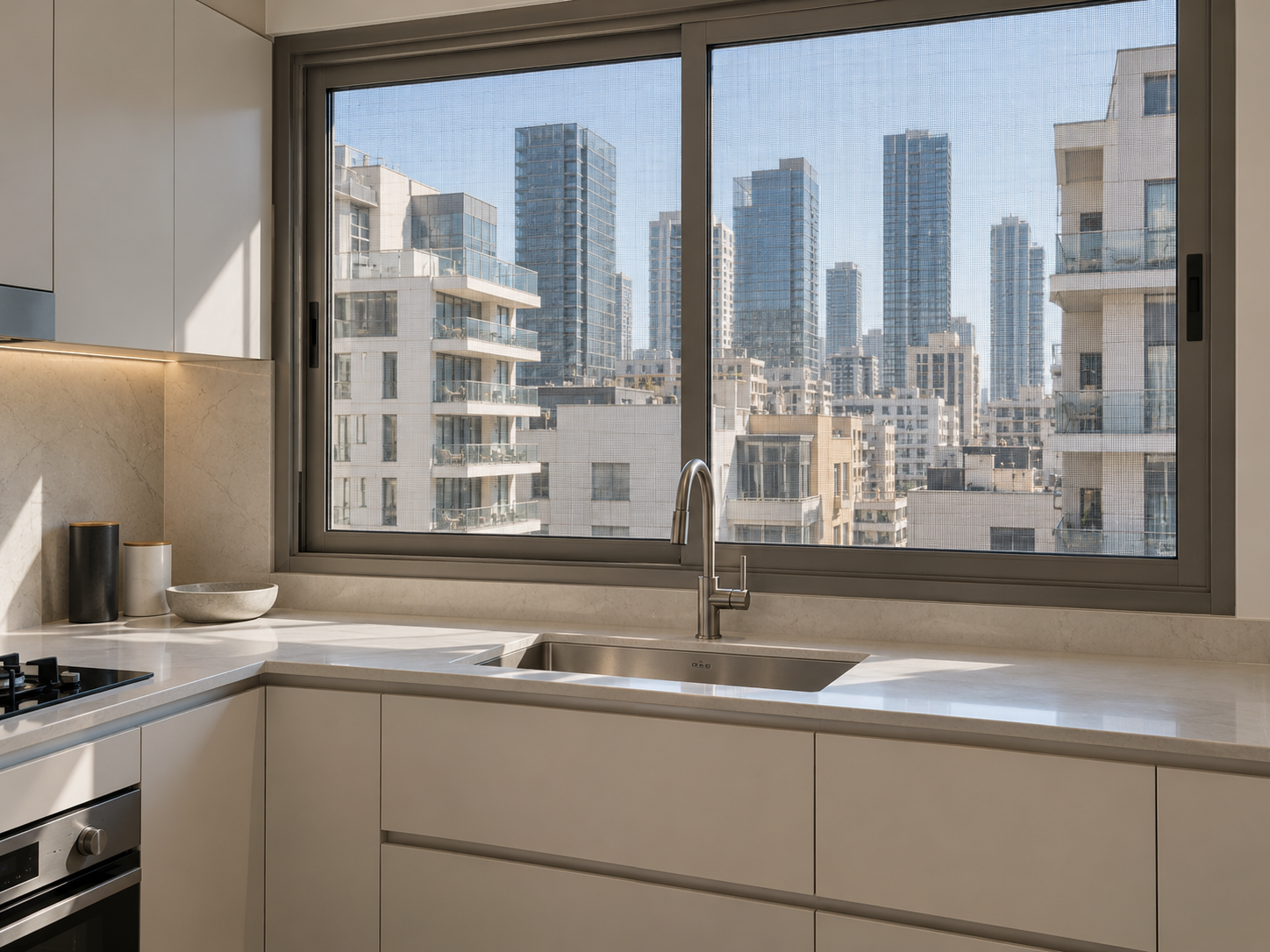 חלון מטבח רחב עם רשתות